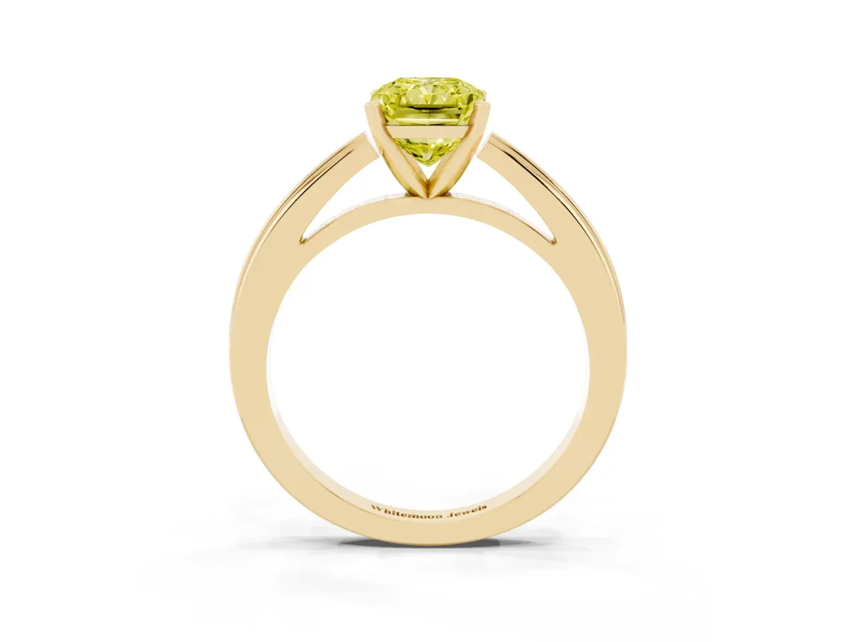 Fancy Yellow Radiant Cut Solitaire Diamond Ring with Four-Prong Setting and Classic Band Yellow gold