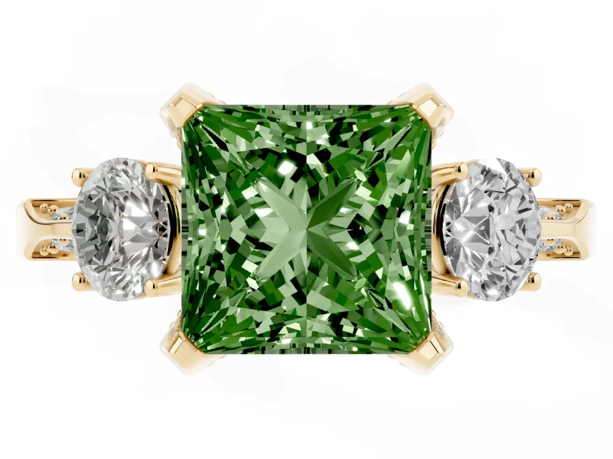 Fancy Green Princess Cut Brilliant Three-Stone Diamond Ring with Pavé Band and Four-Prong Setting Yellow gold
