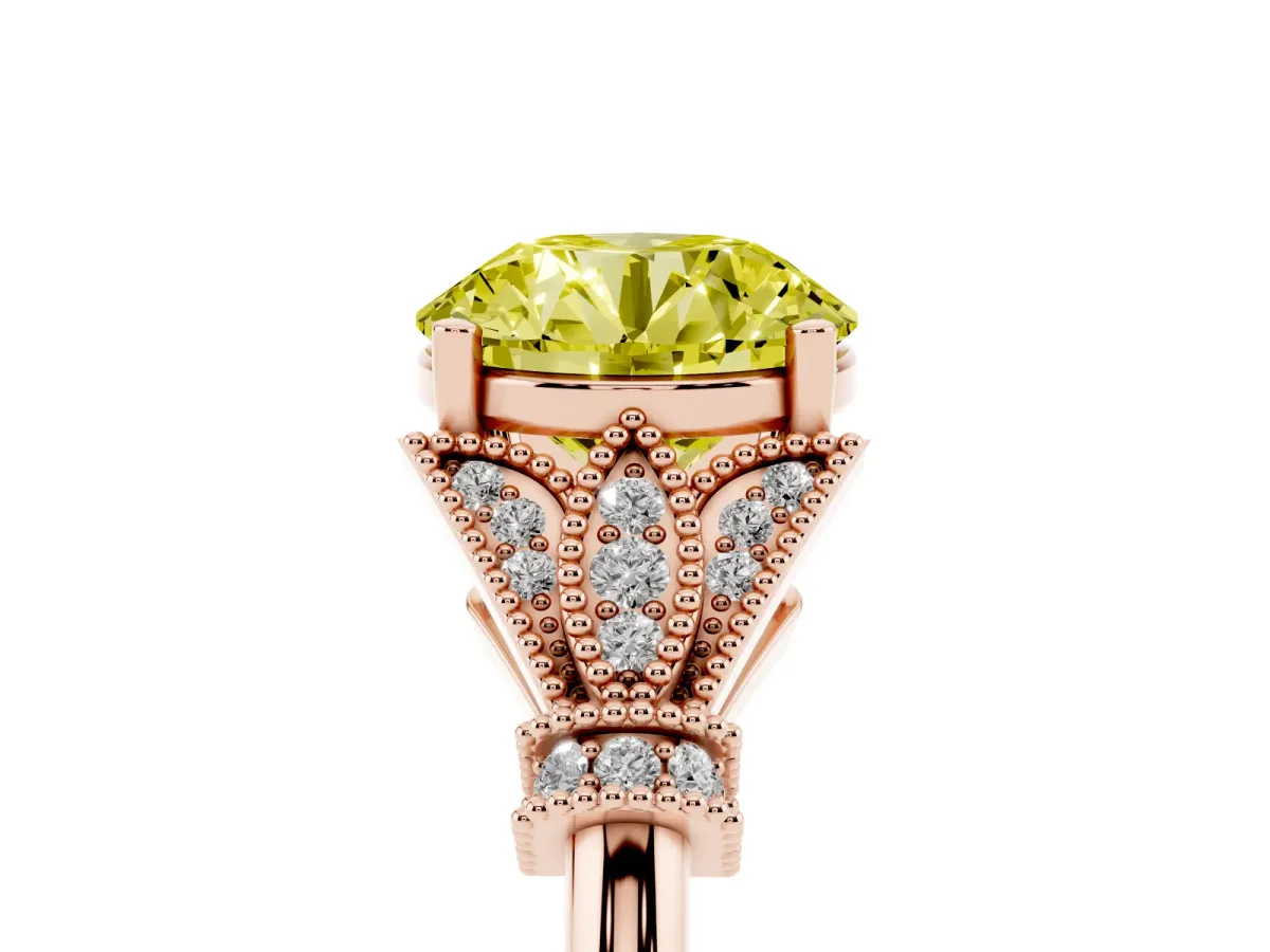 Fancy Yellow Round Cut Diamond Solitaire Ring with Floral Filigree and Pave Accents Rose gold