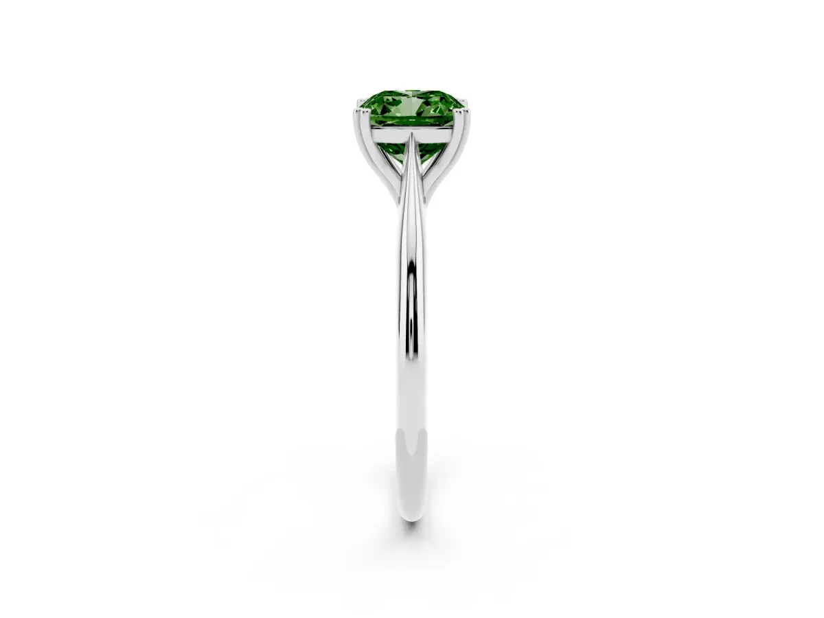 Fancy Green Cushion Cut Solitaire Diamond Ring with Six-Prong Setting and Classic Band Silver