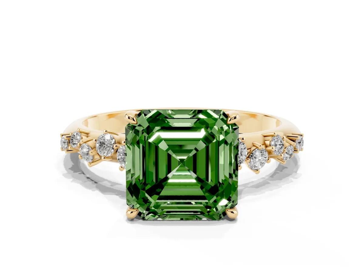 Fancy Green Asscher Cut Diamond Cluster Side Stone Solitaire Ring with Prong Setting Yellow gold