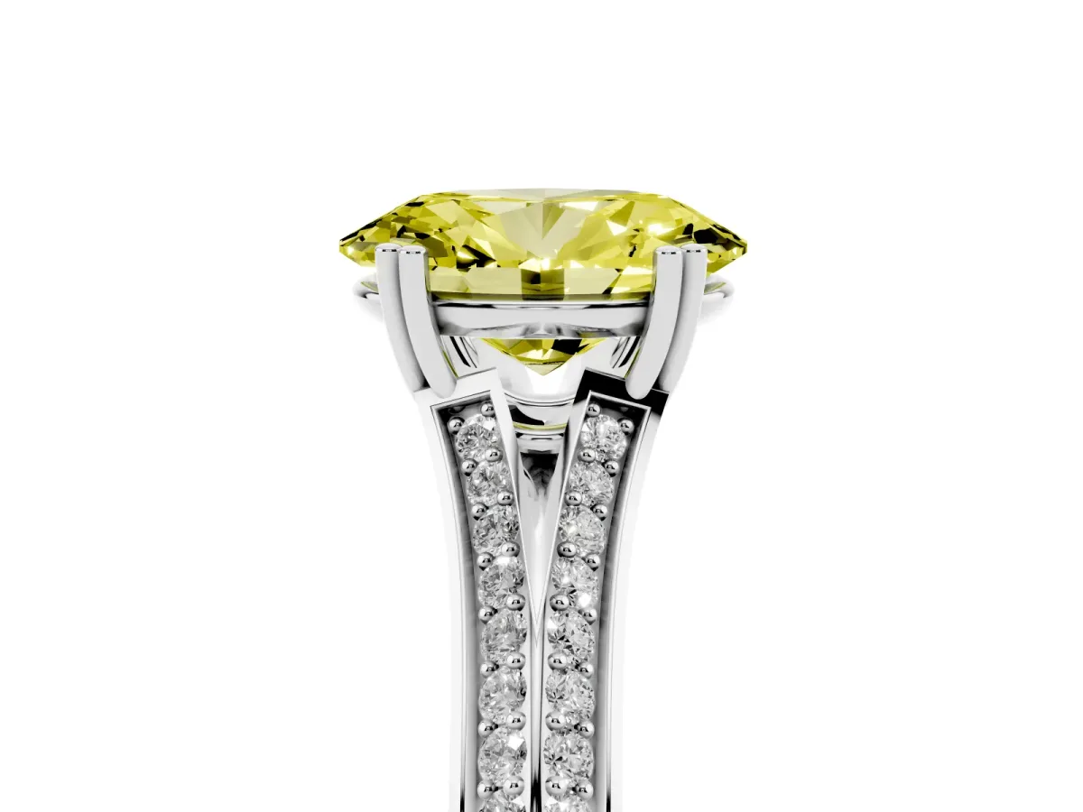 Fancy Yellow Oval Cut Diamond Split Shank Engagement Ring with Pavé Band Silver