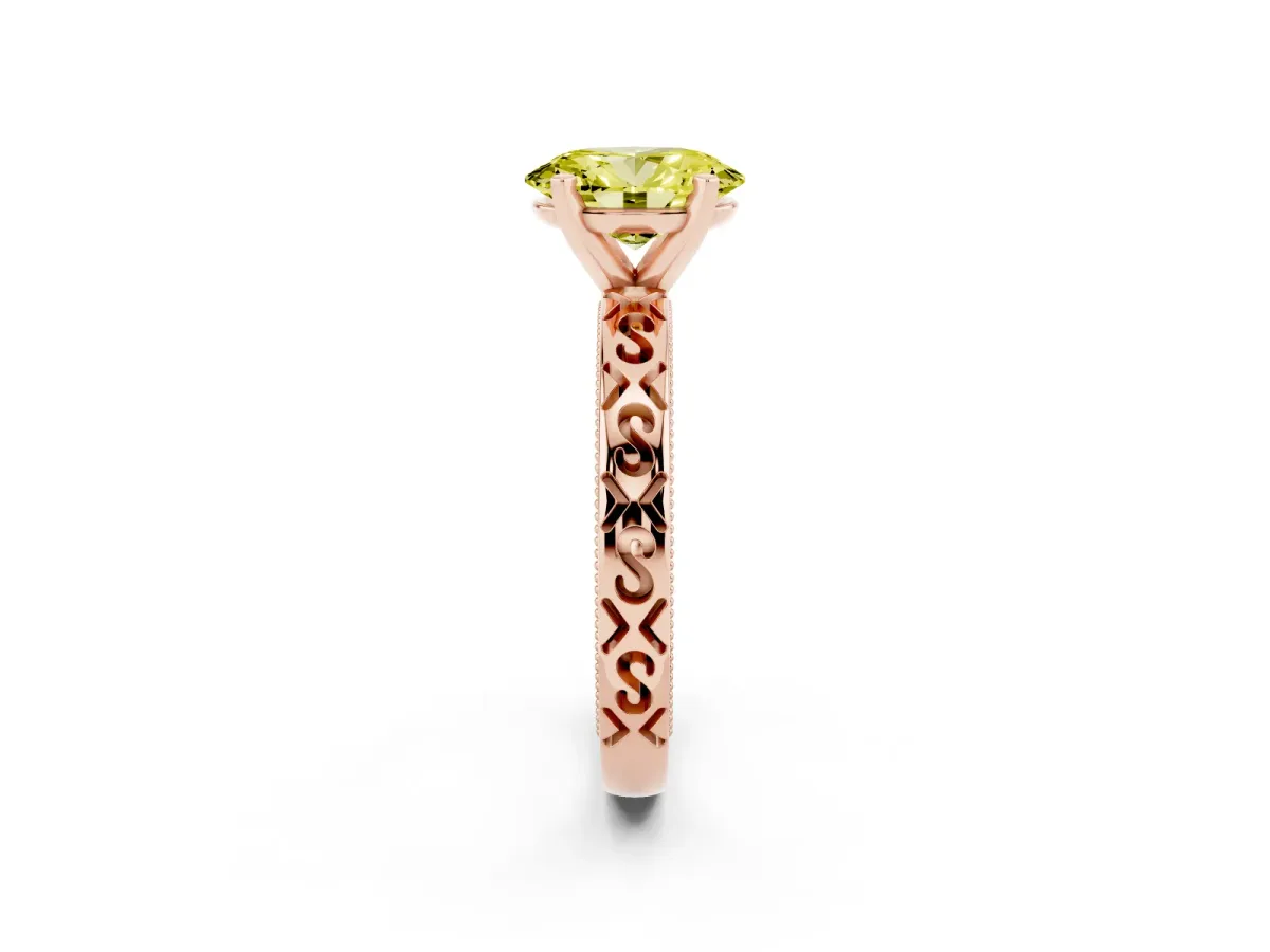 Fancy Yellow Oval Cut Solitaire Engagement Ring with Scrollwork Band and Four-Prong Setting Rose gold