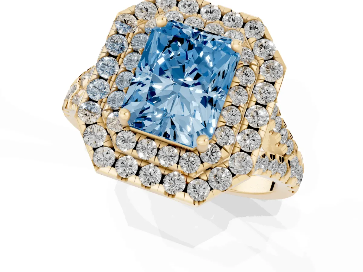 Fancy Blue Double Halo Radiant Cut Diamond Pavé Split Shank Ring with Prong Setting Yellow gold