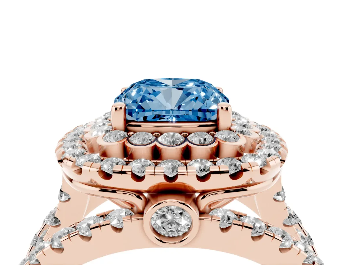 Fancy Blue Cushion Cut Diamond Double Halo Ring with Round Pavé Split Shank and Prong Setting Rose gold