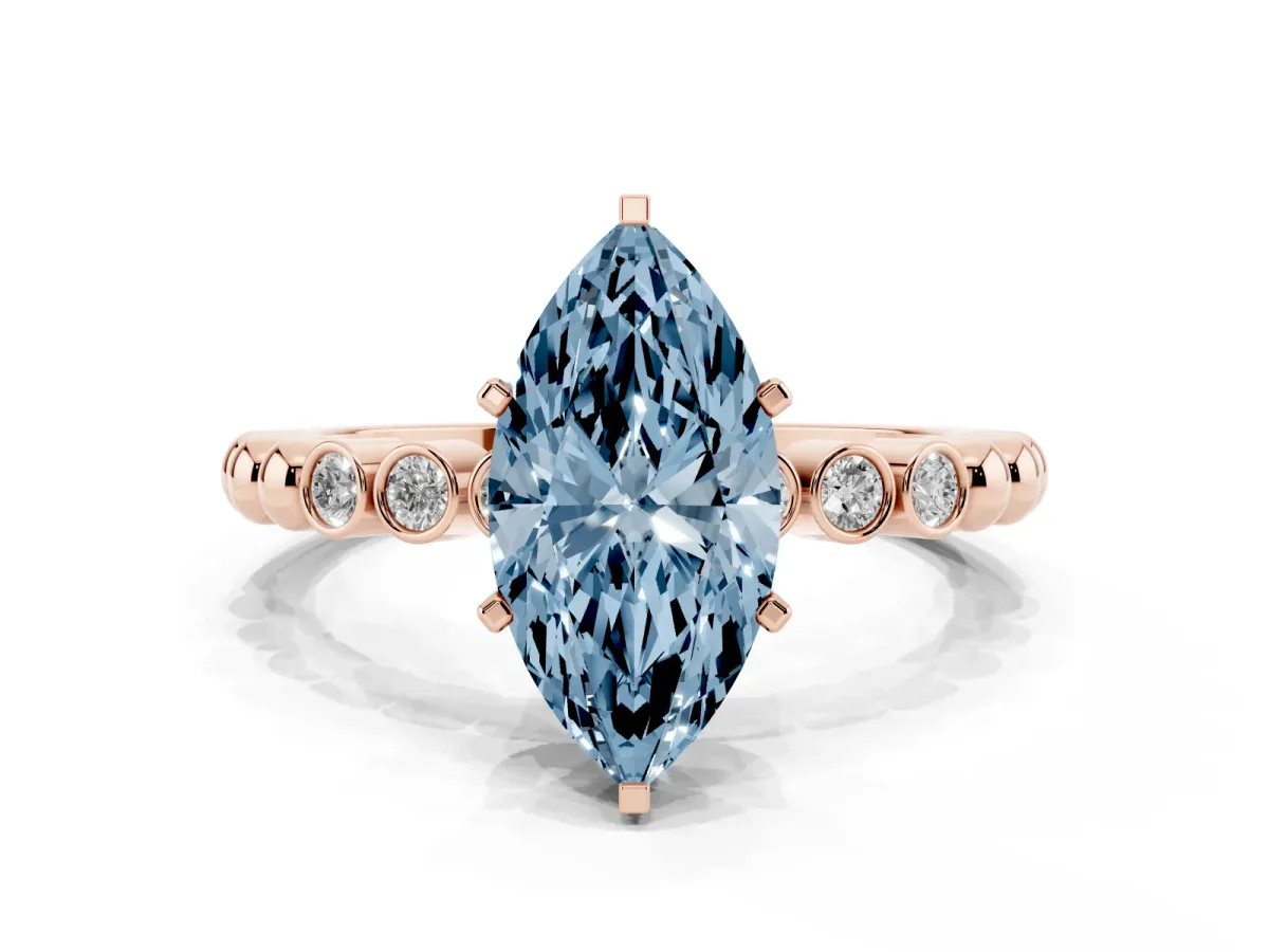 Fancy Blue Marquise Cut Solitaire Bezel Accent Diamond Engagement Ring with Beaded Band and Four-Prong Setting Rose gold