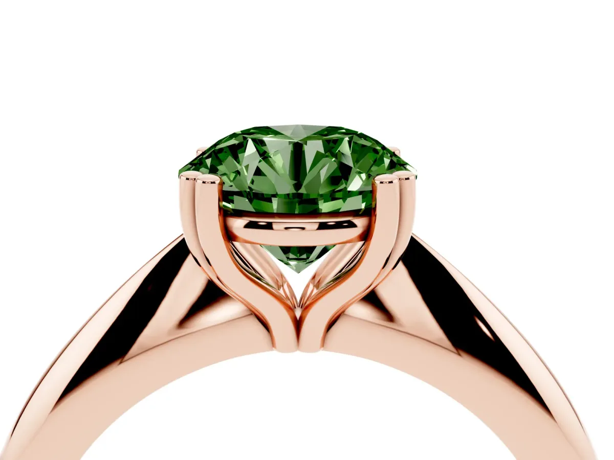 Fancy Green Round Cut Cut Solitaire Engagement Ring with Tapered Band and Four-Prong Setting Rose gold