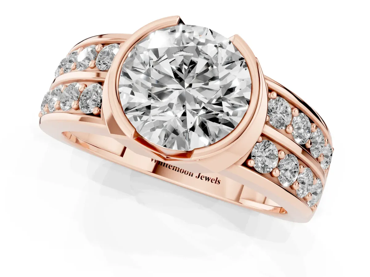 Round Cut Brilliant Diamond Channel Set Wide Band Ring with Bezel Setting Rose gold