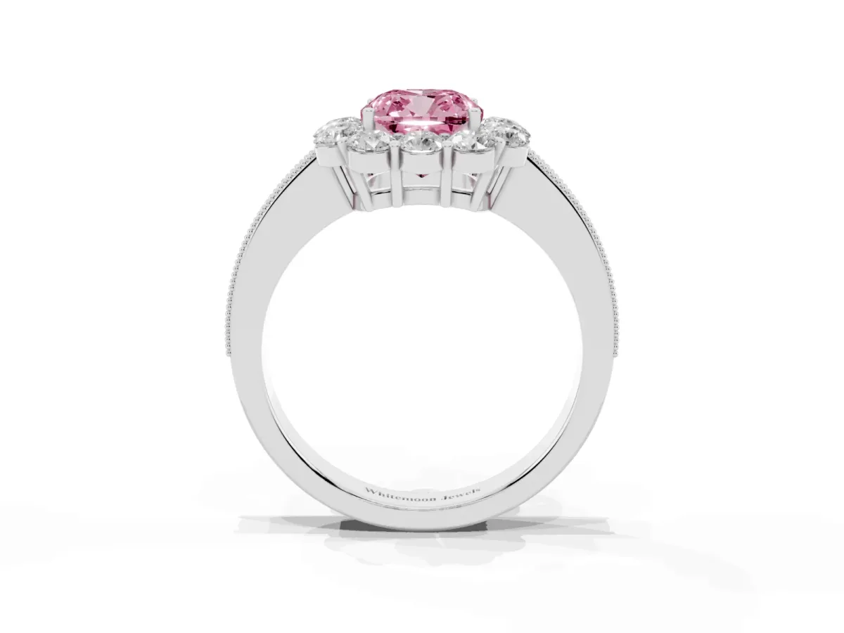 Fancy Pink Cushion Cut Cut Halo Diamond Pavé Engagement Ring with Milgrain Detailing Silver
