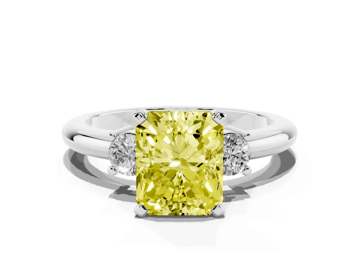 Fancy Yellow Three-Stone Radiant Cut Cut Diamond Solitaire with Prong Setting and Classic Band Silver