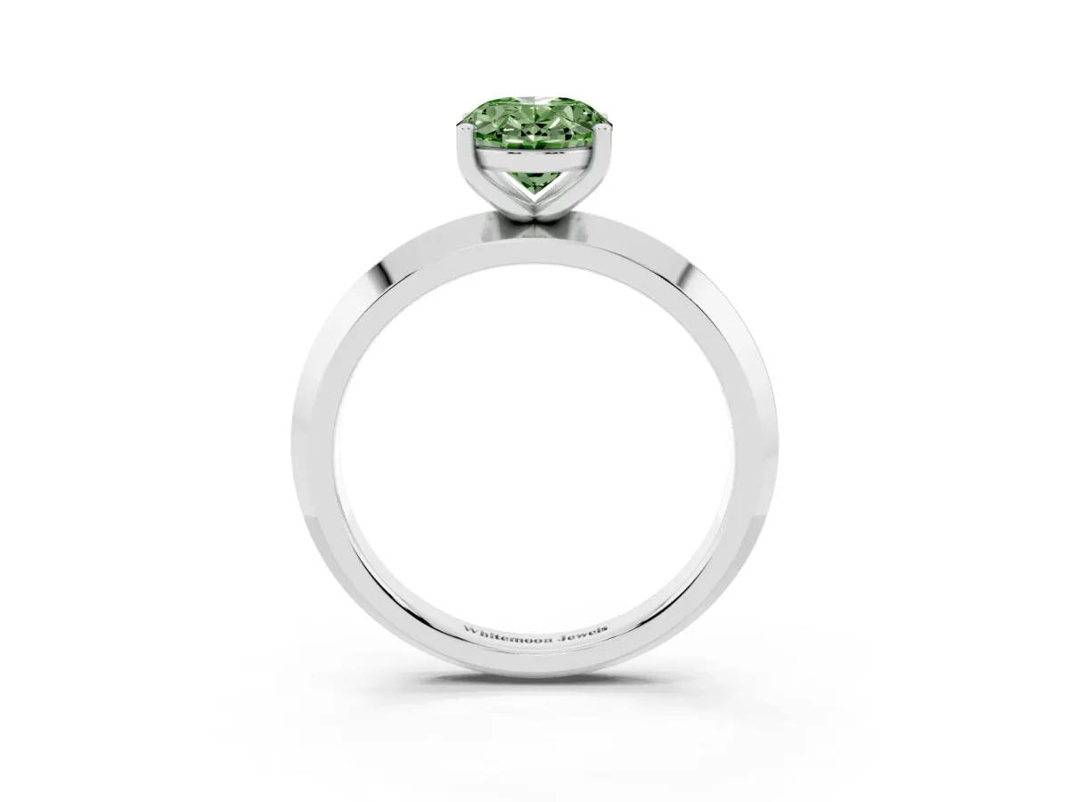 Fancy Green Oval Cut Cut Solitaire Engagement Ring with Flat Band and Four-Prong Setting White gold