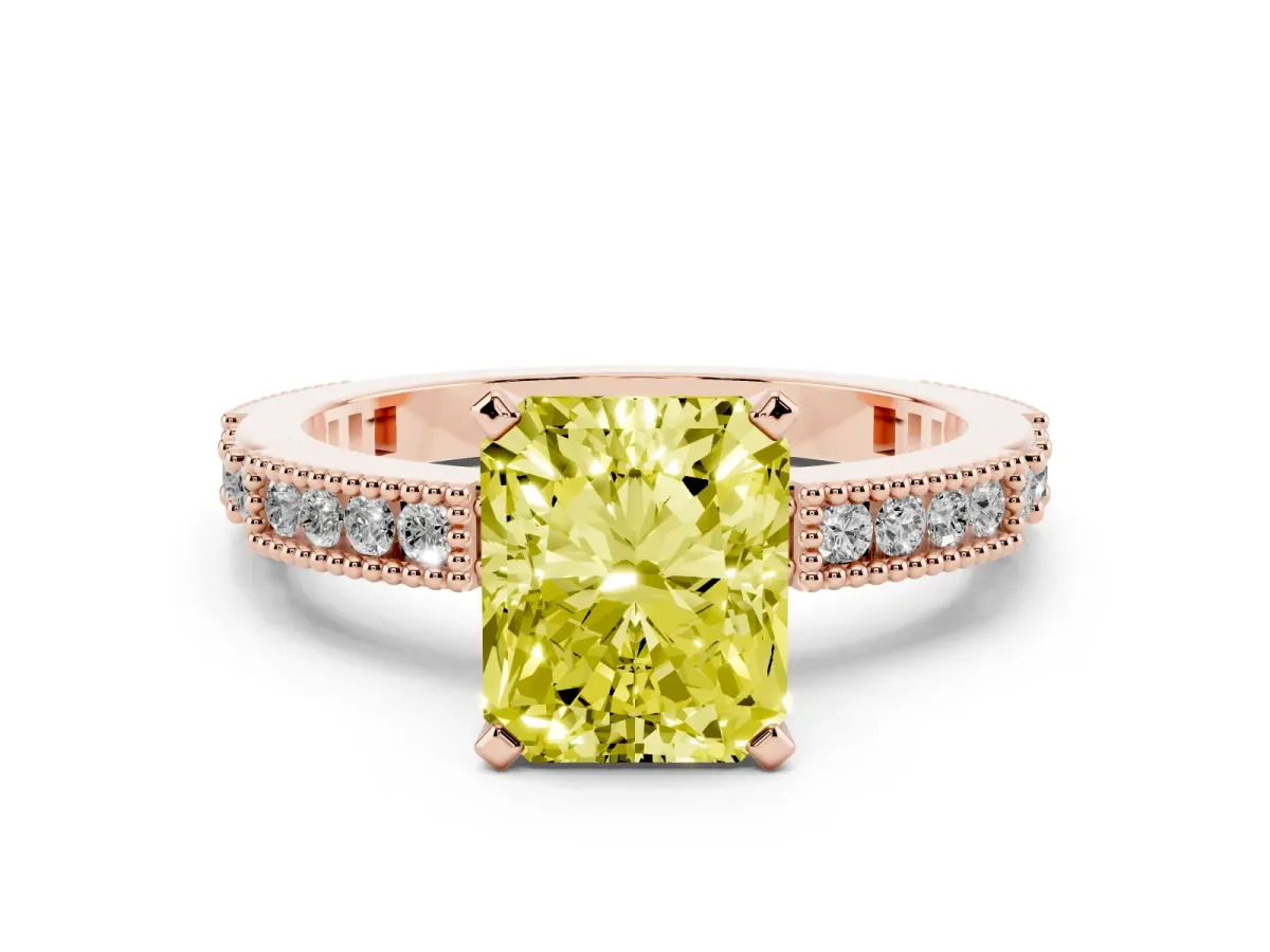Fancy Yellow Radiant Cut Solitaire with Pavé Band and Four-Prong Setting Rose gold