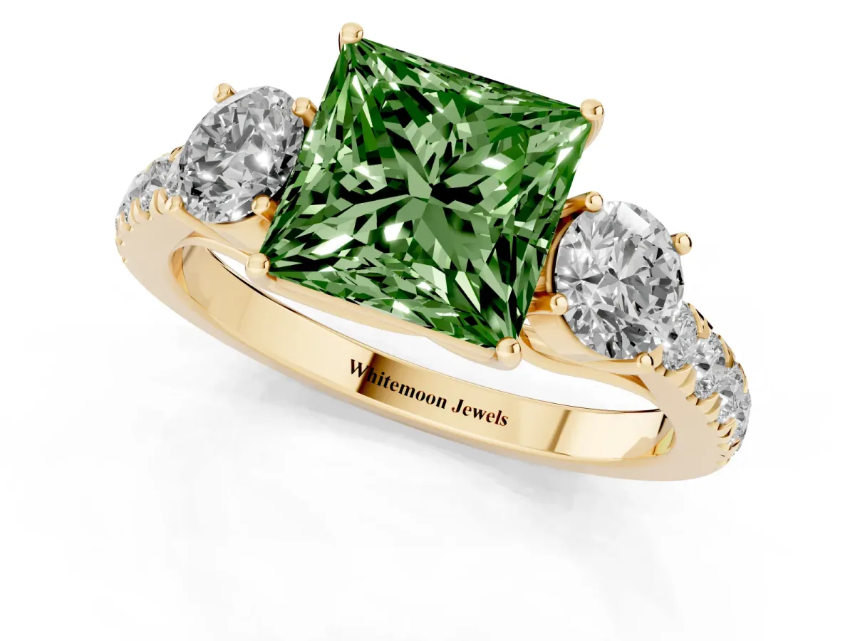 Fancy Green Princess Cut Cut Diamond Three-Stone Ring with Round Side Stones and Pavé Band Yellow gold