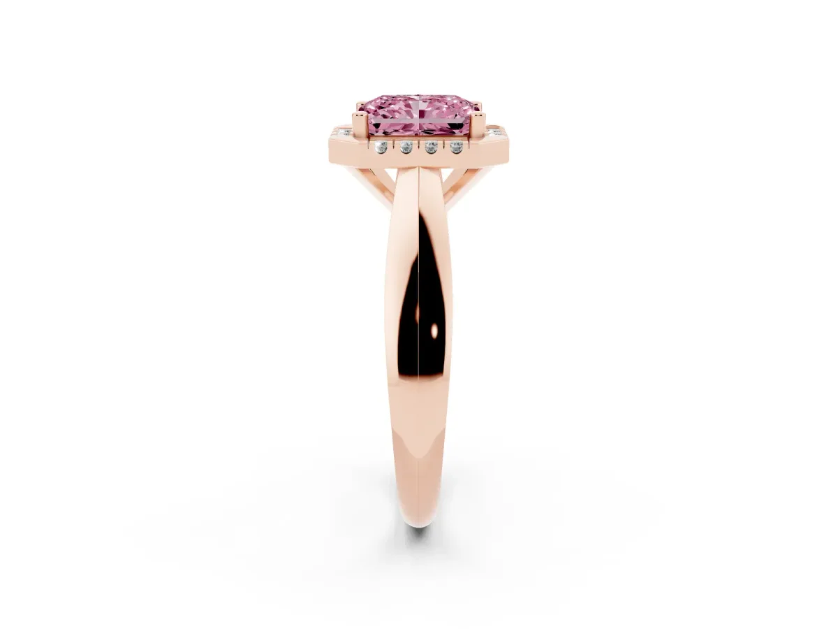 Fancy Pink Radiant Cut Cut Halo Solitaire Engagement Ring with Square Band and Four-Prong Setting Rose gold