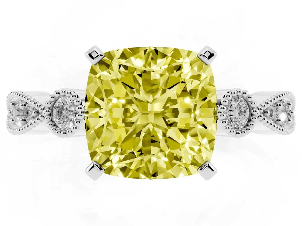Fancy Yellow Cushion Cut Milgrain Bezel Diamond Engagement Ring with Solitaire Prong Setting Silver