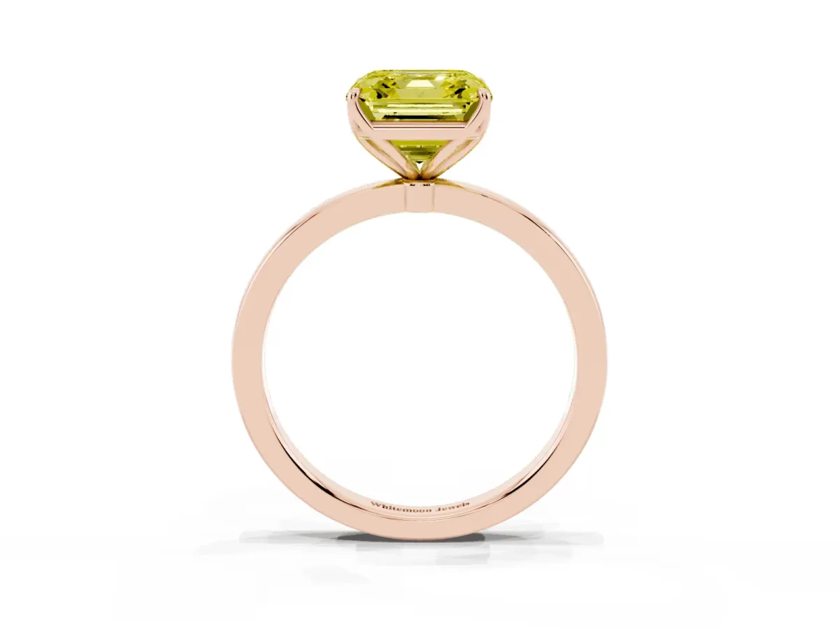 Fancy Yellow Asscher Cut Diamond Solitaire Ring with Thin Band and Prong Setting Rose gold