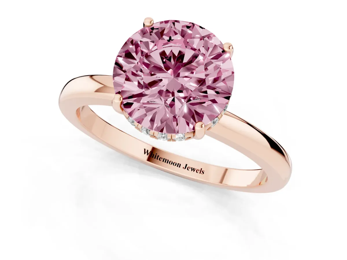 Fancy Pink Round Cut Solitaire Diamond Ring with Prong Setting and Plain Band Rose gold