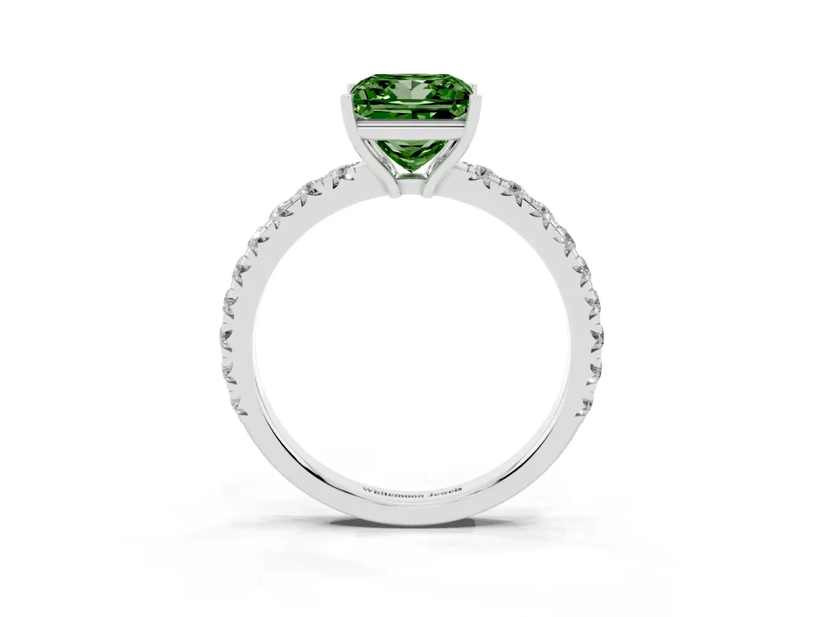 Fancy Green Princess Cut Diamond Pavé Solitaire Engagement Ring with Four-Prong Setting Silver