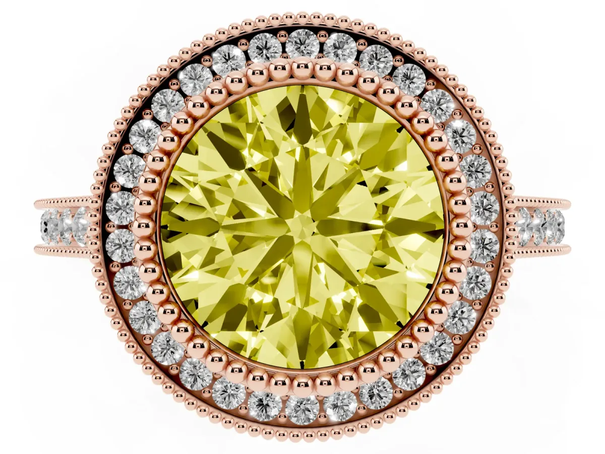 Fancy Yellow Round Cut Diamond Halo Ring with Milgrain Frame and Pavé Band Rose gold