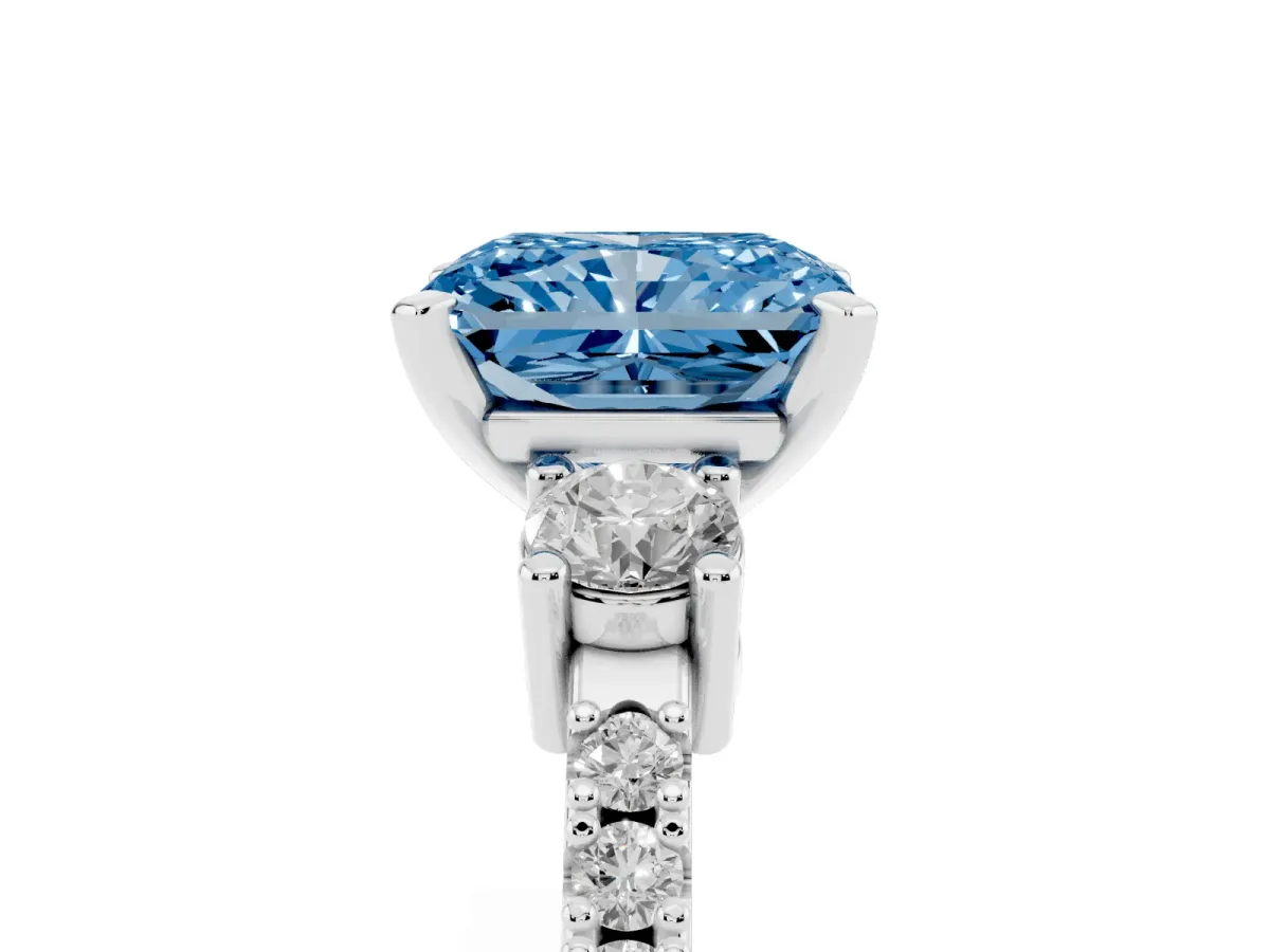 Fancy Blue Radiant Cut Three-Stone Diamond Pavé Band with Prong Setting Silver