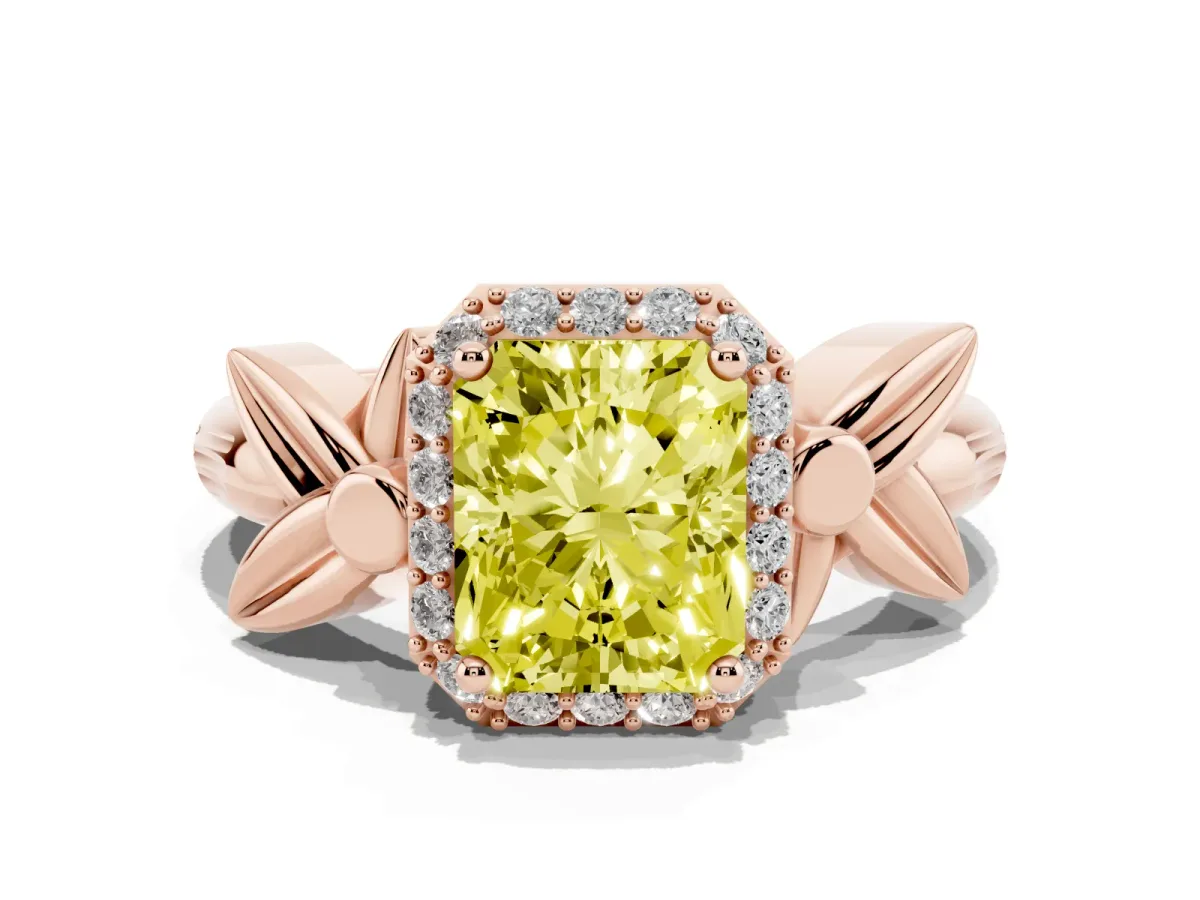 Fancy Yellow Radiant Cut Halo Diamond Floral Band with Four-Prong Setting Rose gold