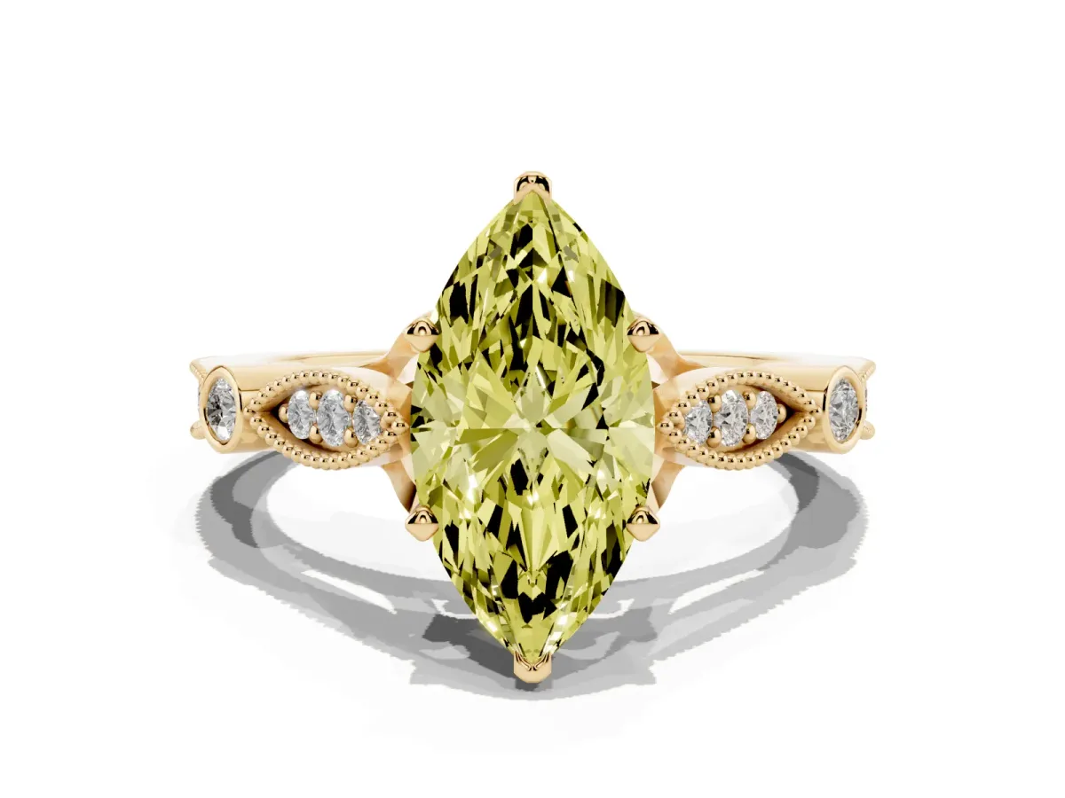 Fancy Yellow Marquise Cut Cut Diamond with Milgrain Marquise and Bezel Accents on a Solitaire Band with Prong Setting Yellow gold