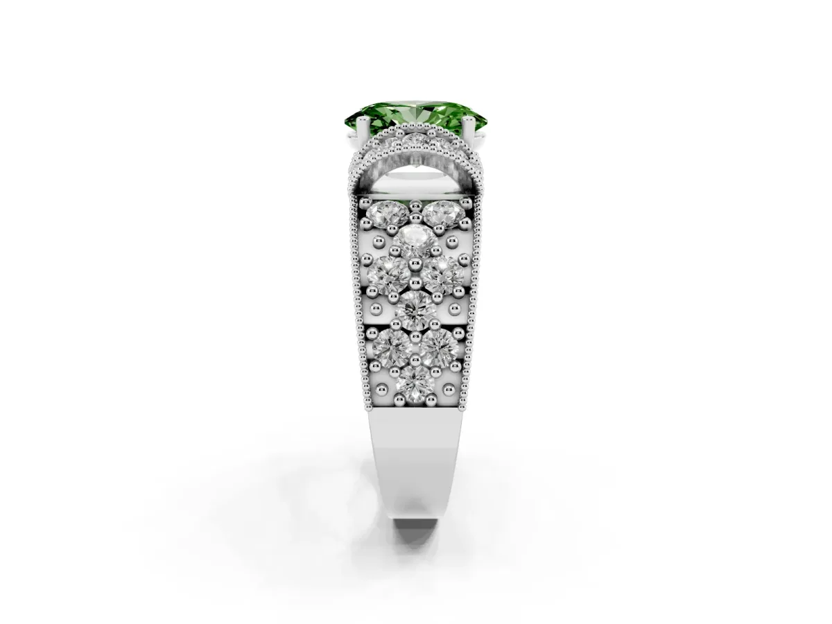 Fancy Green Oval Cut Halo Pave Diamond Engagement Ring with Milgrain Detailing Platinum