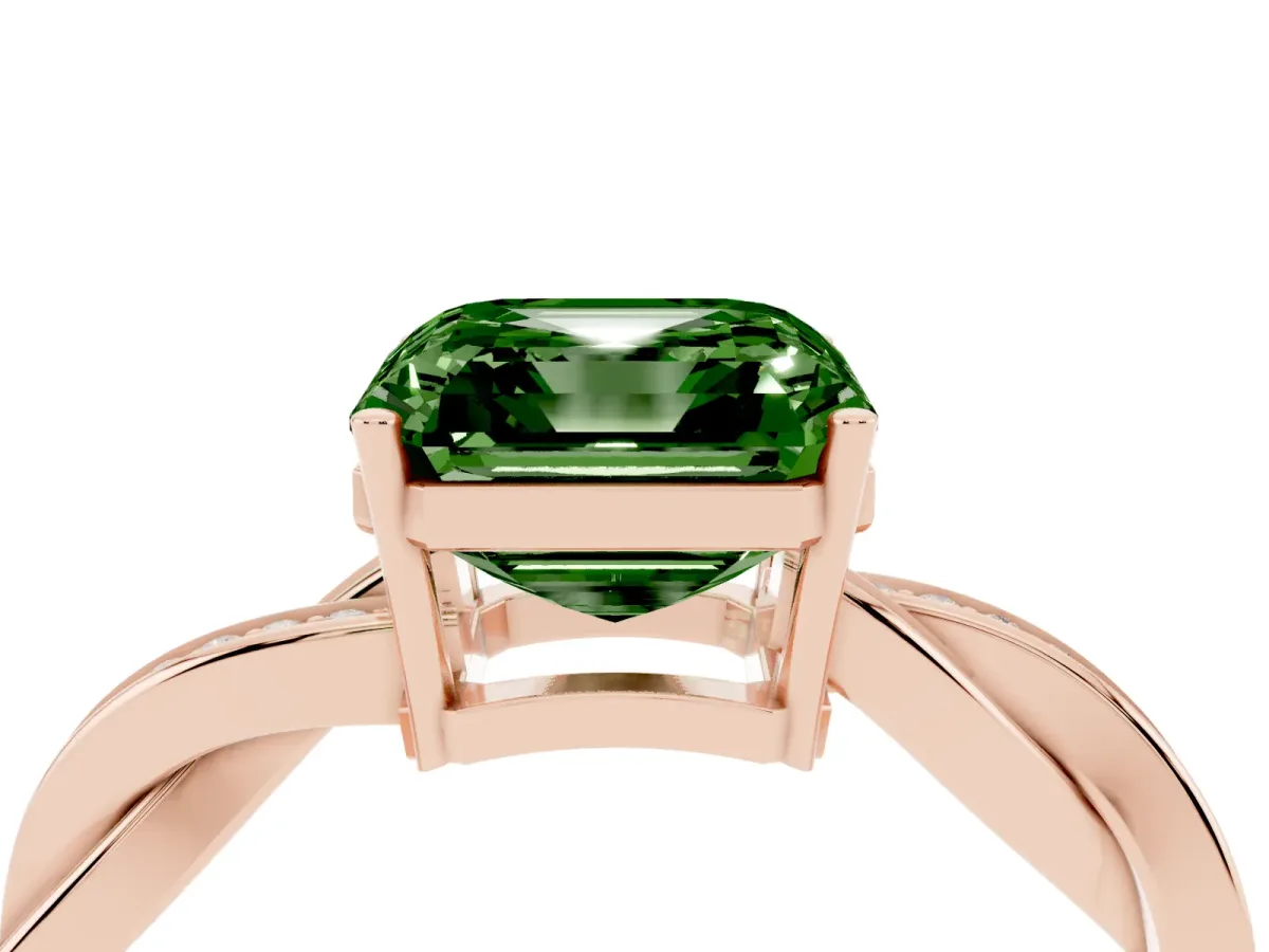 Fancy Green Asscher Cut Solitaire Twisted Pave Diamond Ring with Four-Prong Setting Rose gold