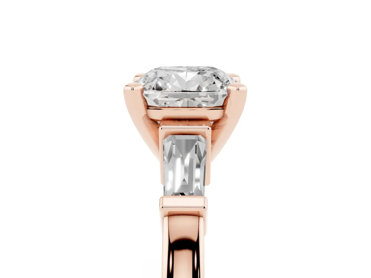 Cushion Cut Cut Diamond Solitaire Ring with Tapered Baguette Accents and Four-Prong Setting Rose gold