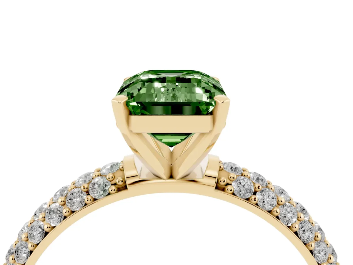 Fancy Green Emerald Cut Diamond Solitaire Ring with Prong Setting and Pavé Band Yellow gold