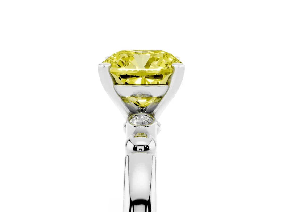 Fancy Yellow Cushion Cut Solitaire Beaded Band with Four-Prong Setting Silver