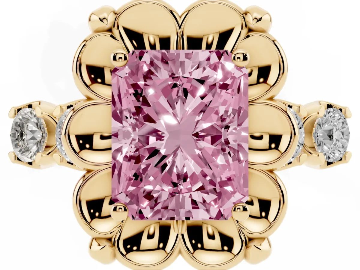 Fancy Pink Radiant Cut Cut Diamond Floral Halo Engagement Ring with Shared Prong Setting Yellow gold