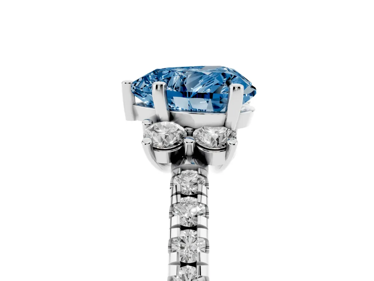Fancy Blue Heart Cut Diamond Three-Stone Pave Band with Four-Prong Setting Silver
