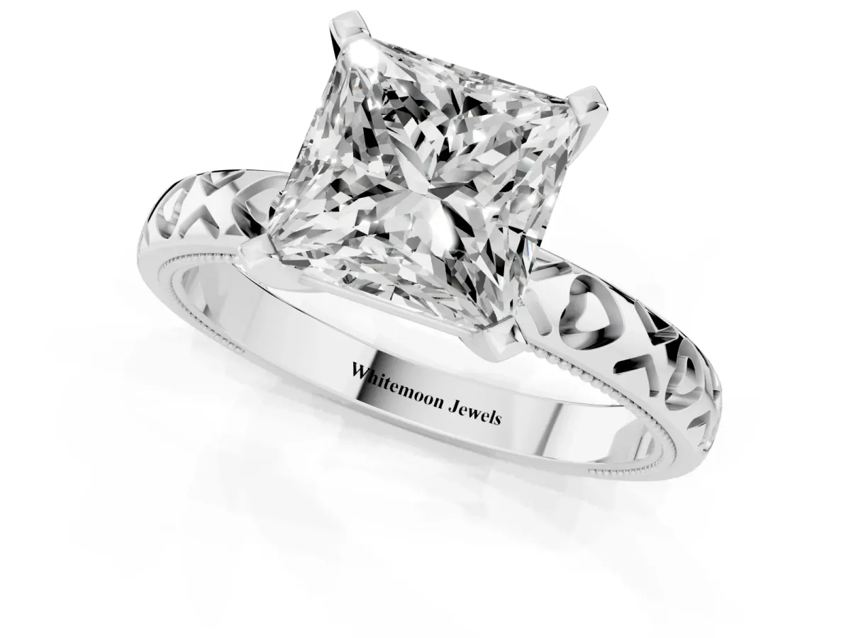 Princess Cut Solitaire Diamond Engagement Ring with XO Engraved Band and Four-Prong Setting White gold