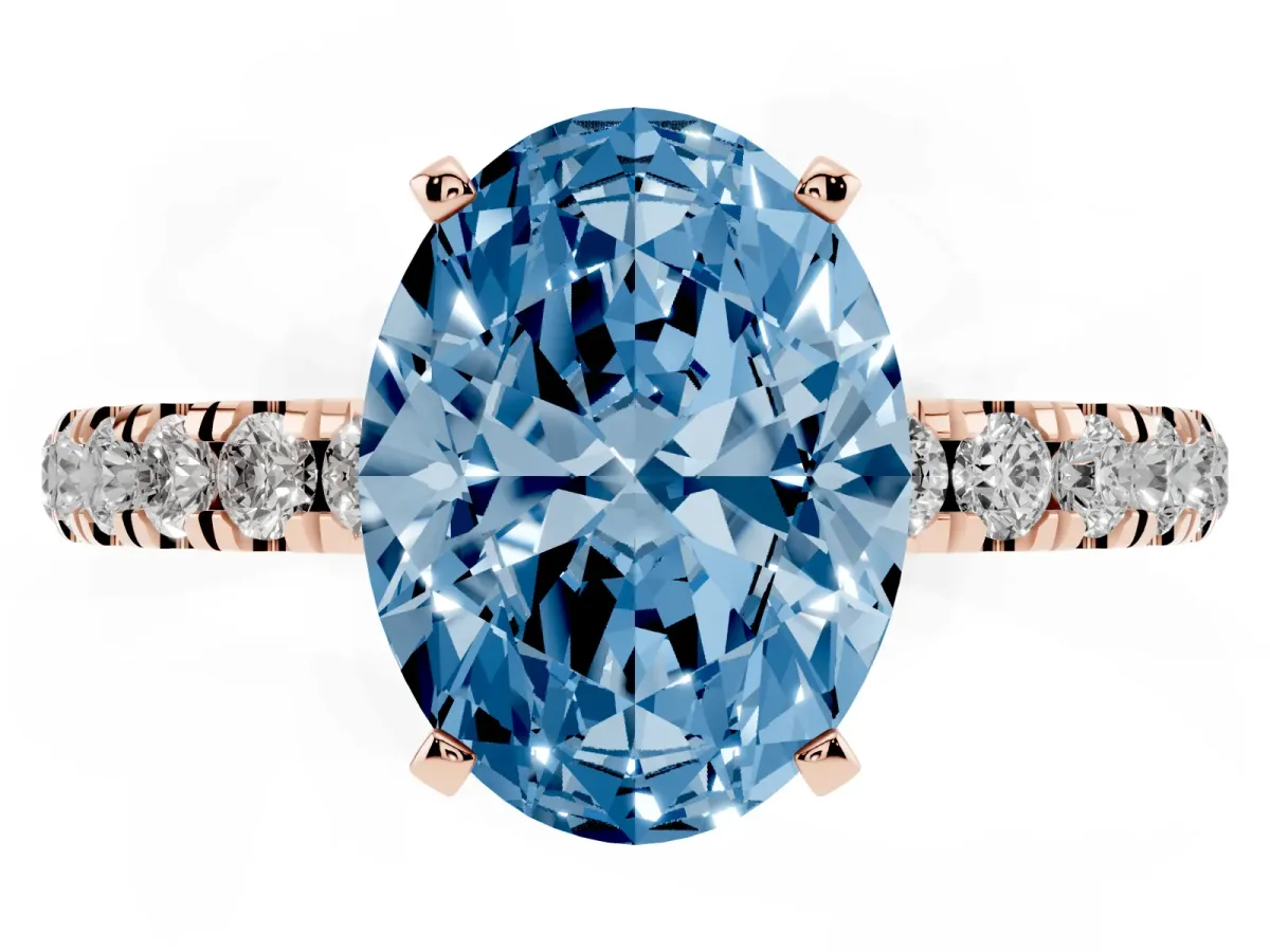 Fancy Blue Oval Cut Diamond Solitaire Ring with Pavé Accents and Four-Prong Setting Rose gold