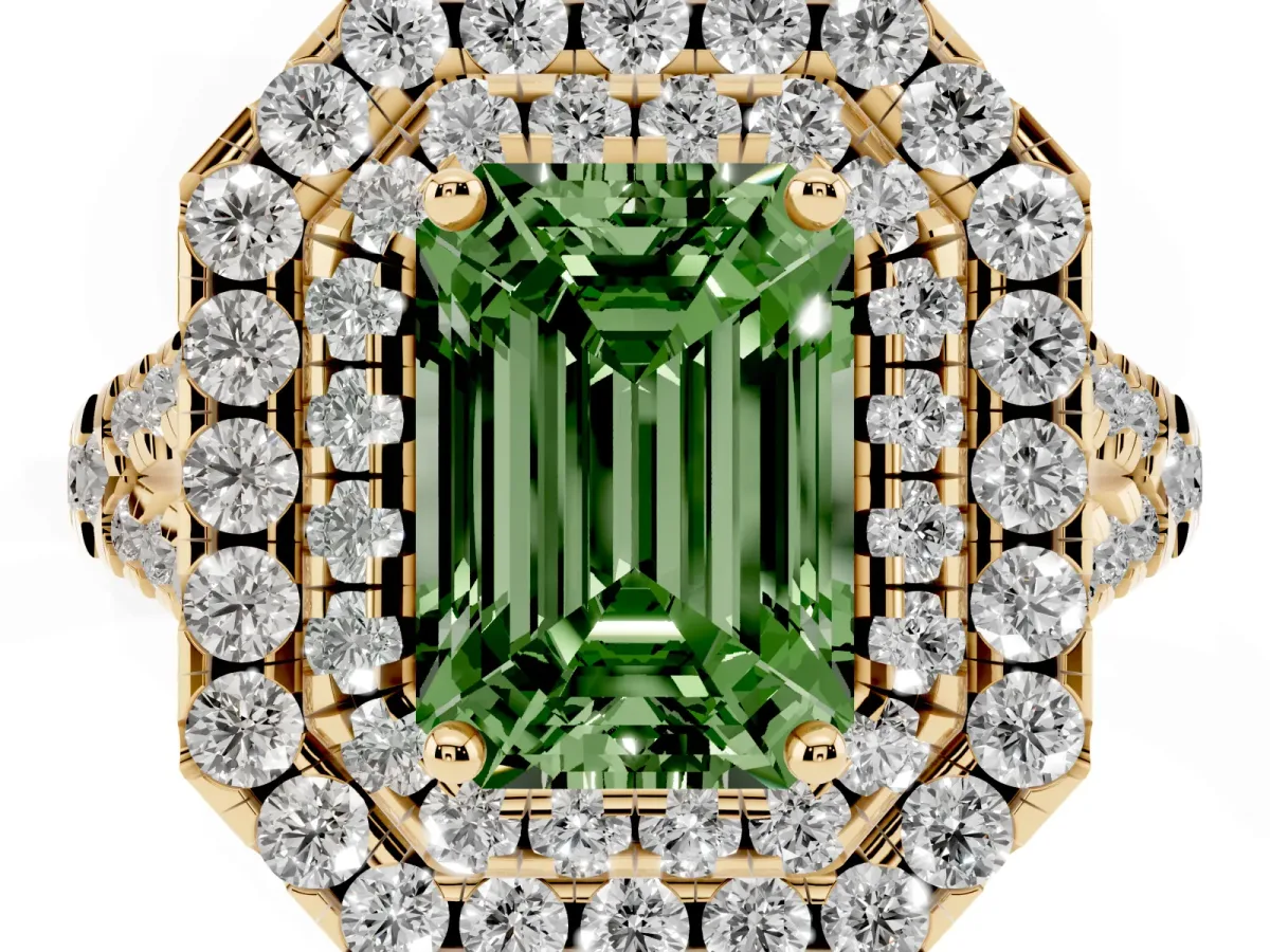 Fancy Green Double Halo Emerald Cut Diamond Pavé Split Shank Ring with Prong Setting Yellow gold