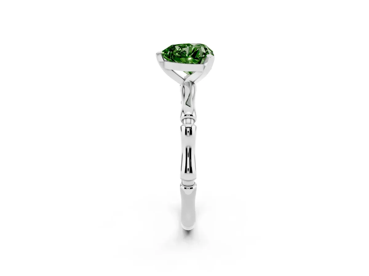 Fancy Green Heart Cut Solitaire Diamond Ring with Bamboo Band and Four-Prong Setting Silver