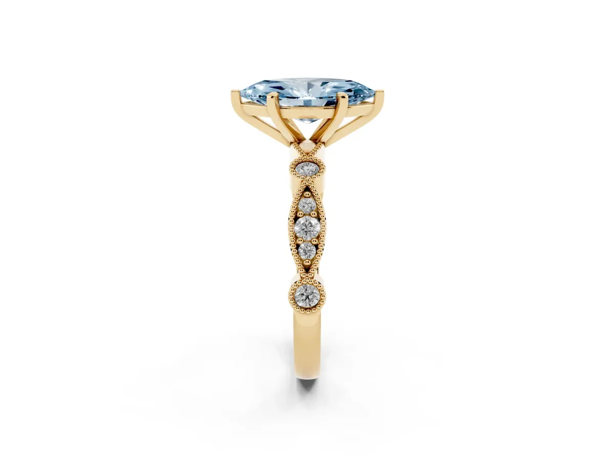 Fancy Blue Marquise Cut Milgrain Bezel Diamond Engagement Ring with Solitaire Prong Setting Yellow gold