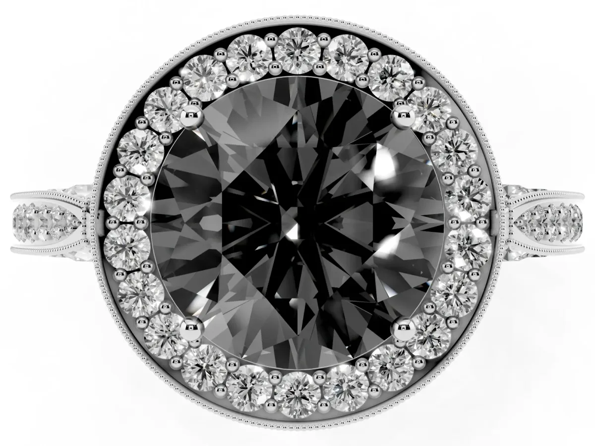 Fancy Black Round Cut Halo Diamond Engagement Ring with Split Shank Band and Four-Prong Setting Platinum