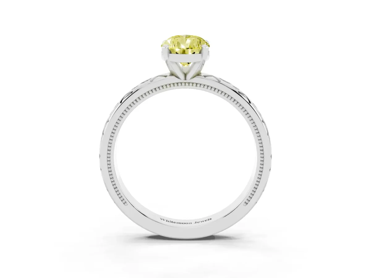 Fancy Yellow Pear Cut Solitaire Engagement Ring with Scrollwork Band and Four-Prong Setting Silver
