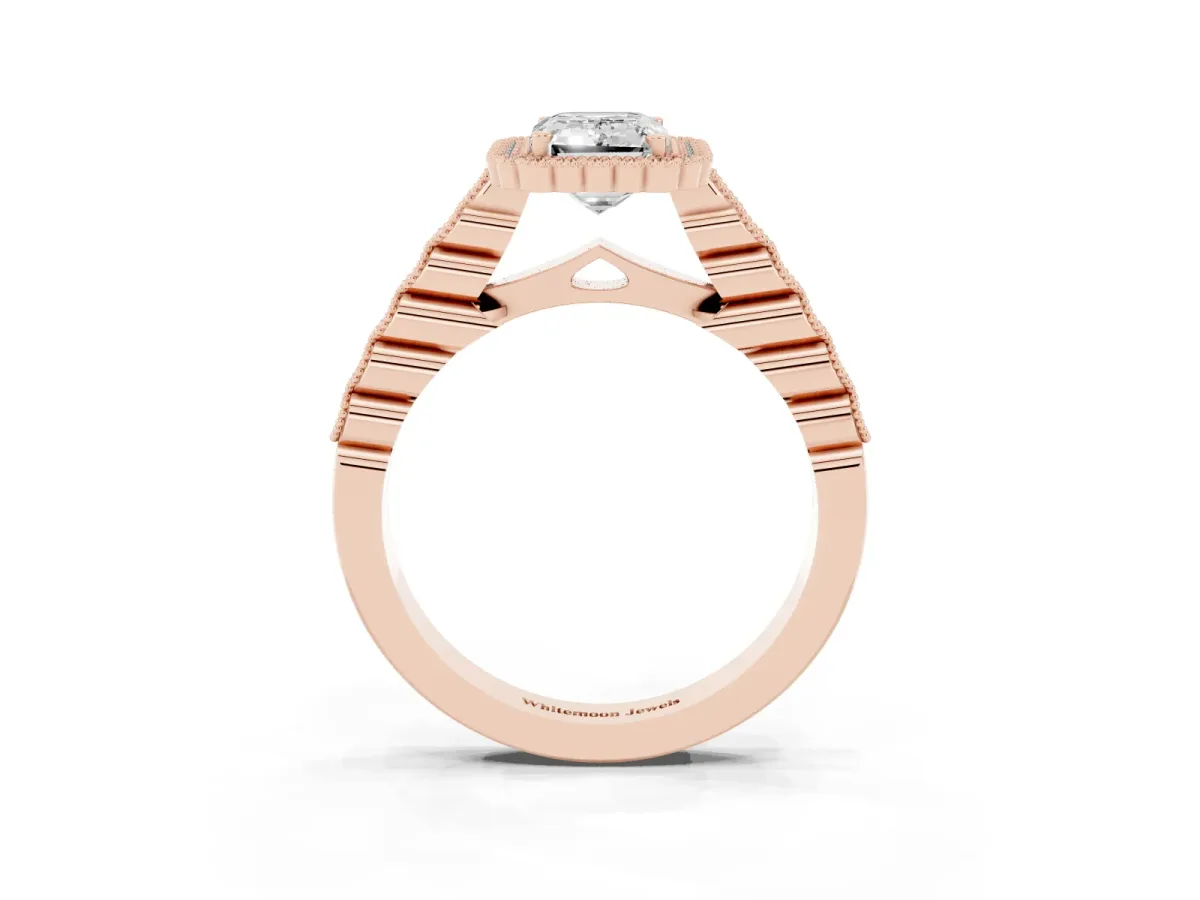 Emerald Cut Cut Halo Pavé Solitaire Ring with Milgrain Band Rose gold
