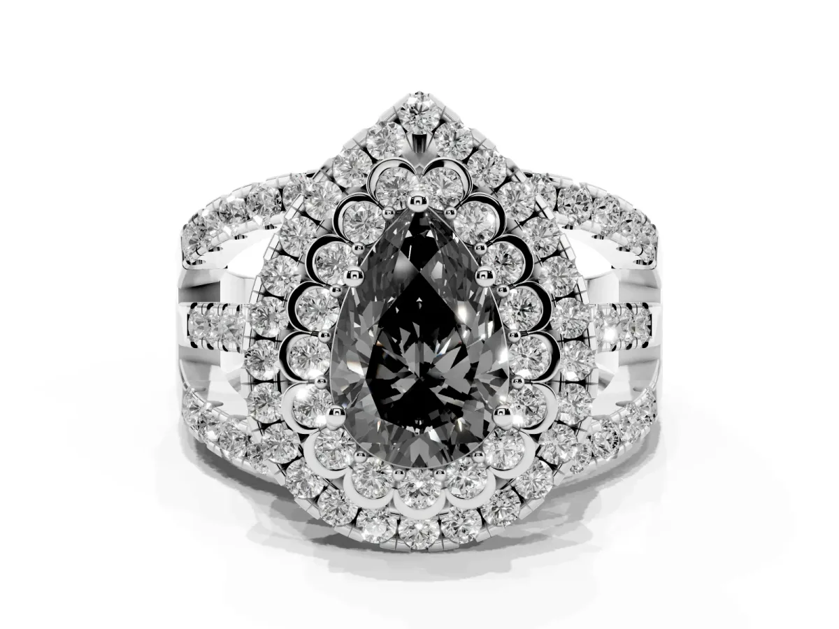 Fancy Black Pear Cut Diamond Double Halo Ring with Round Pavé Split Shank and Prong Setting Silver
