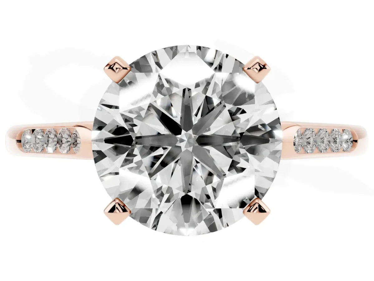 Round Cut Diamond Solitaire Ring with Channel Set Round Band and Prong Setting Rose gold