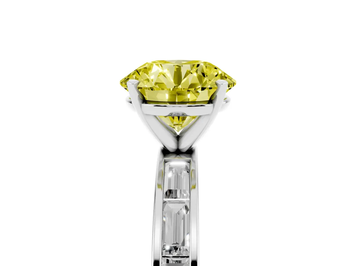 Fancy Yellow Round Cut Solitaire Diamond Ring with Channel-Set Baguette Band and Four-Prong Setting White gold