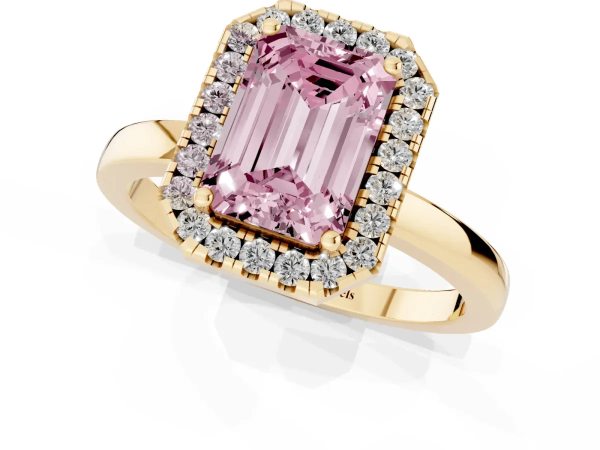 Fancy Pink Emerald Cut Halo Diamond Solitaire with Pavé Band and Four-Prong Setting Yellow gold