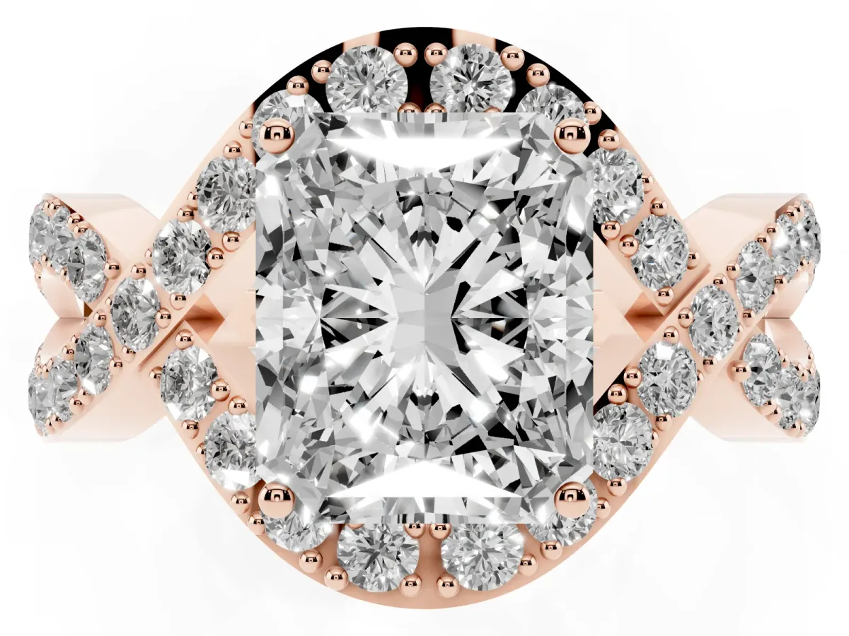 Radiant Cut Solitaire Twist Band Pavé Diamond Engagement Ring Rose gold
