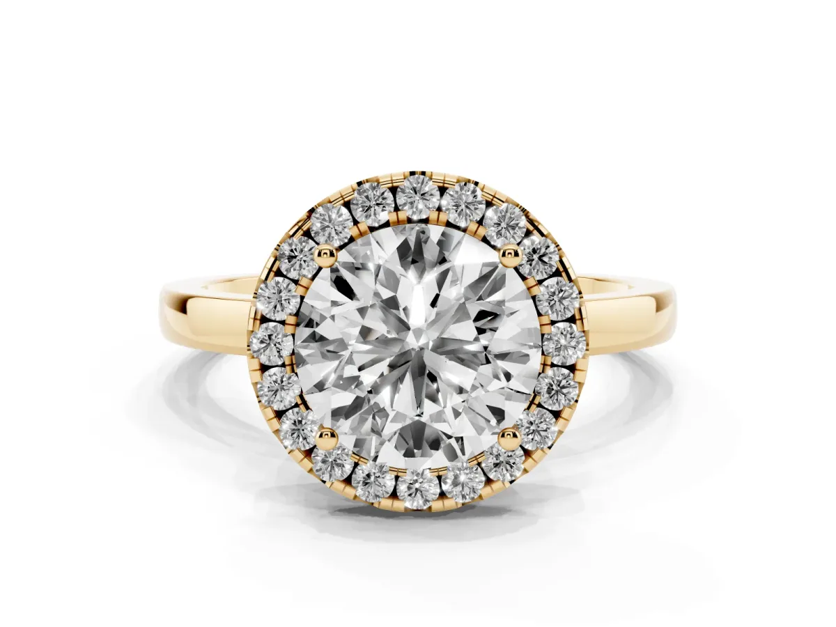 Round Cut Halo Diamond Solitaire with Pavé Band and Four-Prong Setting Yellow gold
