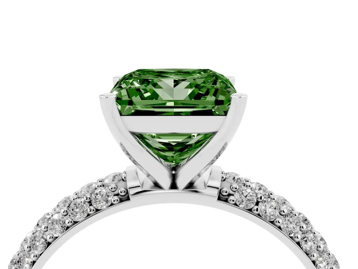 Fancy Green Princess Cut Diamond Solitaire Ring with Prong Setting and Pavé Band Silver