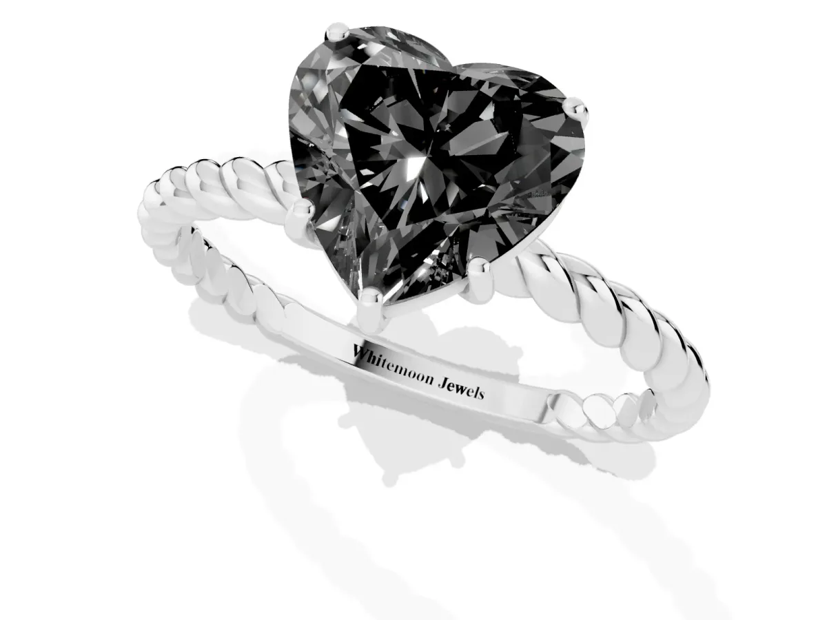 Fancy Black Heart Cut Solitaire Twisted Band 4-Prong Ring Silver
