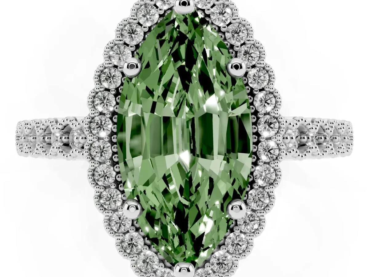 Fancy Green Marquise Cut Cut Halo Pavé Solitaire Ring with Milgrain Band Silver